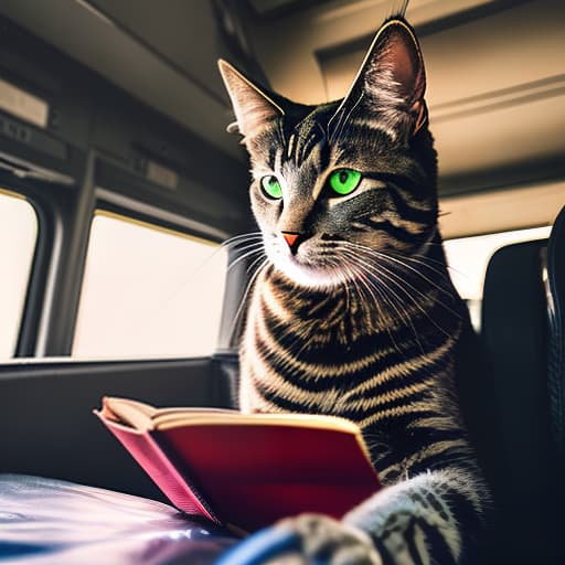 nvinkpunk Realistic image of a cat wearing headphones and reading glasses while riding a bus. hyperrealistic, full body, detailed clothing, highly detailed, cinematic lighting, stunningly beautiful, intricate, sharp focus, f/1. 8, 85mm, (centered image composition), (professionally color graded), ((bright soft diffused light)), volumetric fog, trending on instagram, trending on tumblr, HDR 4K, 8K