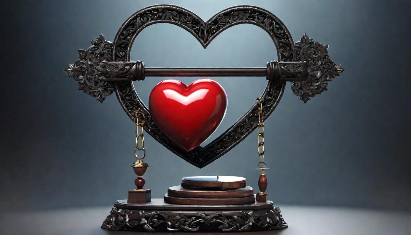  digital illustration, A symbolic scale balancing a heart and a sin, highlighting the power of integrity, bright and dark elements surrounding the scale, representative of temptation and virtue, looking at viewer, dynamic pose, (intricate details, masterpiece, best quality)