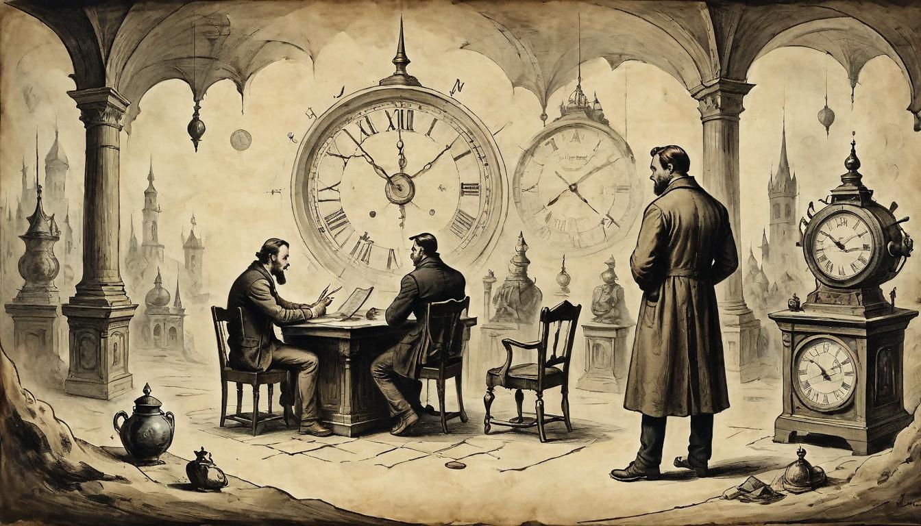  on parchment, surrealism+++, An engaged figure in conversation with a friend, another figure burdened with tasks, and a figure entranced by a screen, all set against a background of melting clocks, perpetual distractions, time draining(mysterious, provocative, symbolic,muted color)+++