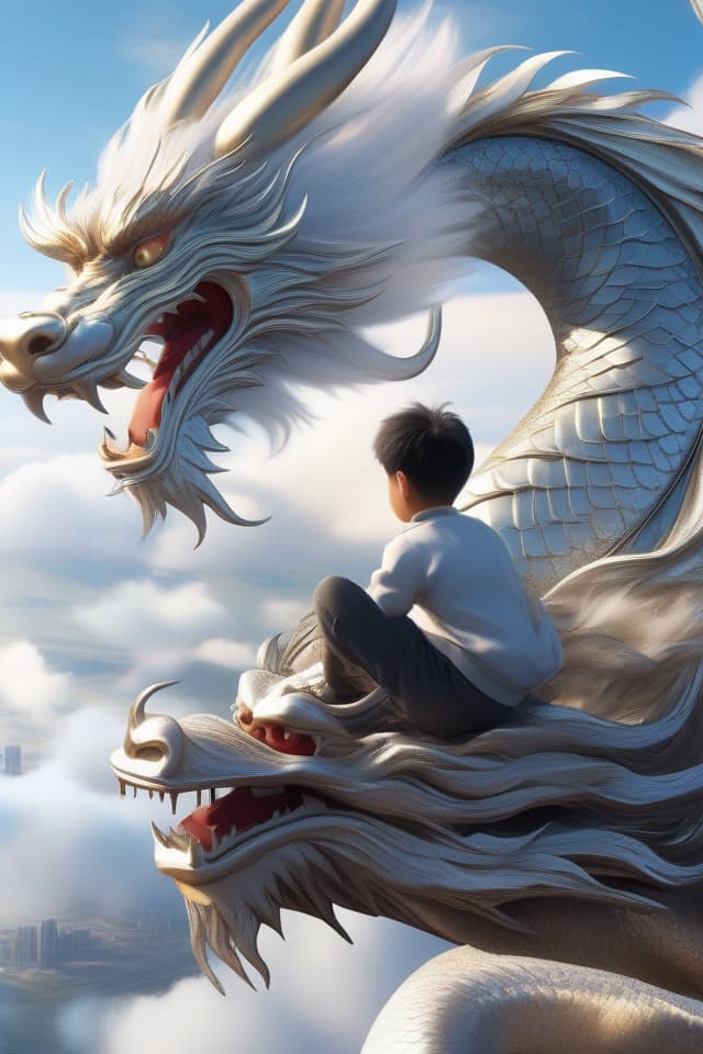  Super Detail,8k,High Resolution,Absurd,Adoption,Detail,Delicate Composition,Cinematic Angle,Bold Composition,Detail,((Fantasy)){{Boy with Silvery Chinese Dragon:1.4}}(Flying Chinese Dragon){(Silvery Chinese Dragon in the sky,Silvery Chinese Dragonboy on the back of a silvery Chinese dragon,boy sitting on the back of a silvery Chinese dragon,silvery Chinese dragon and boy flying high in the sky),big sky,blue sky}},top quality,masterpiece, hyperrealistic, full body, detailed clothing, highly detailed, cinematic lighting, stunningly beautiful, intricate, sharp focus, f/1. 8, 85mm, (centered image composition), (professionally color graded), ((bright soft diffused light)), volumetric fog, trending on instagram, trending on tumblr, HDR 4K, 8K