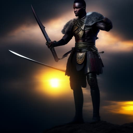  A YoungAfrican warrior with long in a battle with sword in dust on sunset hyperrealistic, full body, detailed clothing, highly detailed, cinematic lighting, stunningly beautiful, intricate, sharp focus, f/1. 8, 85mm, (centered image composition), (professionally color graded), ((bright soft diffused light)), volumetric fog, trending on instagram, trending on tumblr, HDR 4K, 8K