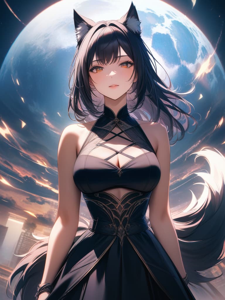  Masterpiece,moon night,cool and pretty White wolf girl,wolf ear,9 wolf tails,whole (body),Realistic,quality,8K, masterpiece, best quality,8k,ultra detailed,high resolution,an extremely delicate and beautiful,hyper detail hyperrealistic, full body, detailed clothing, highly detailed, cinematic lighting, stunningly beautiful, intricate, sharp focus, f/1. 8, 85mm, (centered image composition), (professionally color graded), ((bright soft diffused light)), volumetric fog, trending on instagram, trending on tumblr, HDR 4K, 8K