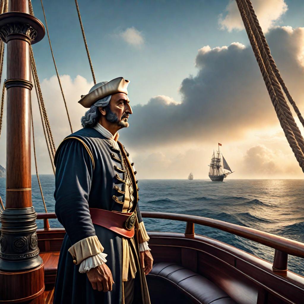  While Christopher Columbus is sailing towards America, he is chatting with Celal Şengör on the ship. hyperrealistic, full body, detailed clothing, highly detailed, cinematic lighting, stunningly beautiful, intricate, sharp focus, f/1. 8, 85mm, (centered image composition), (professionally color graded), ((bright soft diffused light)), volumetric fog, trending on instagram, trending on tumblr, HDR 4K, 8K