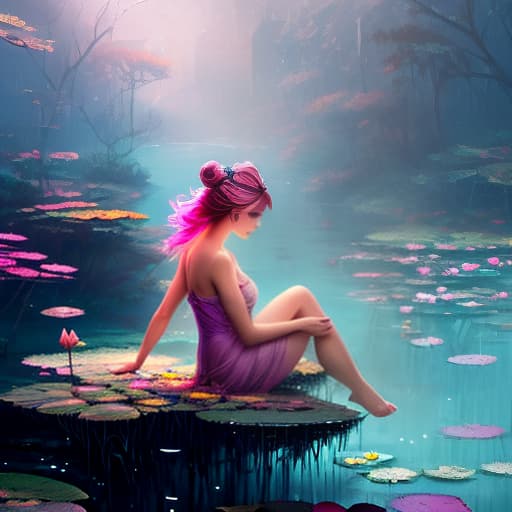 nvinkpunk whimsical a little fairy sits on a water lily leaf, she has a dress with glitter, white and pink water lilies. hearts. reflected in the water. she's smiling, pondering with a dreamy look. photorealistic, uhd, focus on the fairy. oil painting, caricature, hyperrealism, fantasy hyperrealistic, full body, detailed clothing, highly detailed, cinematic lighting, stunningly beautiful, intricate, sharp focus, f/1. 8, 85mm, (centered image composition), (professionally color graded), ((bright soft diffused light)), volumetric fog, trending on instagram, trending on tumblr, HDR 4K, 8K