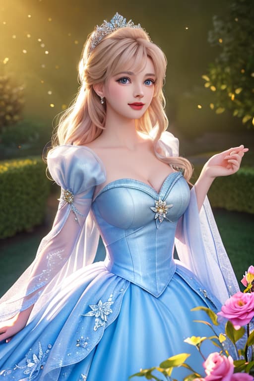  A highly detailed and realistic photo in the style of Disney, featuring a character resembling baby Cinderella. The image shows young Cinderella wearing a sparkling pink dress, surrounded by glowing flower.She is standing.The scene is illuminated with soft, mystical light, creating an enchanting and whimsical atmosphere. Cinderella's expression is filled with wonder and joy as she interacts with the flower. The background is softly blurred to keep the focus on Cinderella and the flower hyperrealistic, full body, detailed clothing, highly detailed, cinematic lighting, stunningly beautiful, intricate, sharp focus, f/1. 8, 85mm, (centered image composition), (professionally color graded), ((bright soft diffused light)), volumetric fog, trending on instagram, trending on tumblr, HDR 4K, 8K