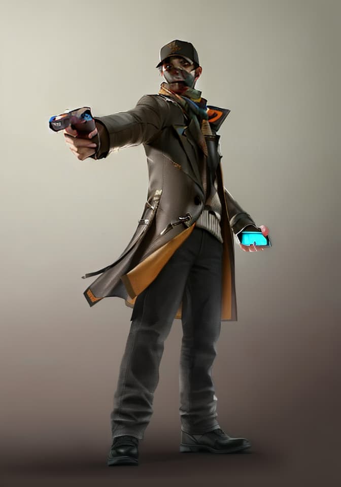  masterpiece, best quality, Best quality, female, genderswap, trench coat, scarf, baseball cap, night, Adrien Pearce, Watch Dogs, holding smartphone, dynamic pose.