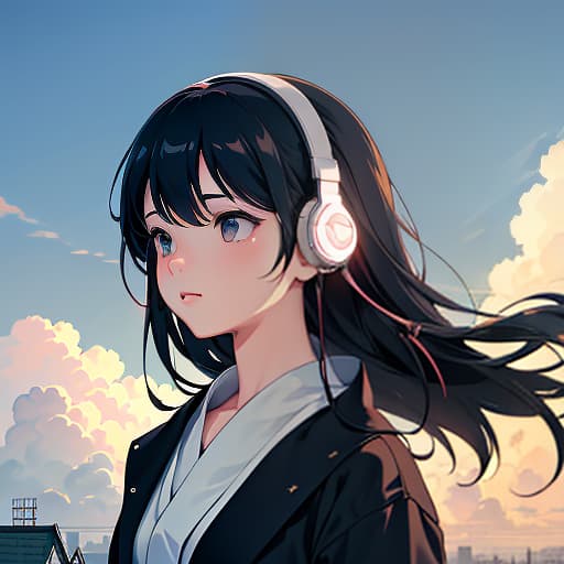  girl on the roof, portrait, headphones on her head, clouds, rain, evening, black jacket, (studio ghibli style, Hayao Miyazaki drawing: 1.2), Anime style, manga style, Hand drawn, hyperrealistic, full body, detailed clothing, highly detailed, cinematic lighting, stunningly beautiful, intricate, sharp focus, f/1. 8, 85mm, (centered image composition), (professionally color graded), ((bright soft diffused light)), volumetric fog, trending on instagram, trending on tumblr, HDR 4K, 8K