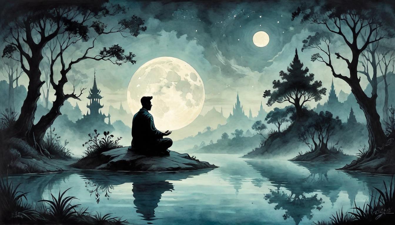  on parchment, surrealism+++, A reflective pool under moonlight, surrounded by nature, silhouette of meditating figure on its edge, introspection, serenity(mysterious, provocative, symbolic,muted color)+++