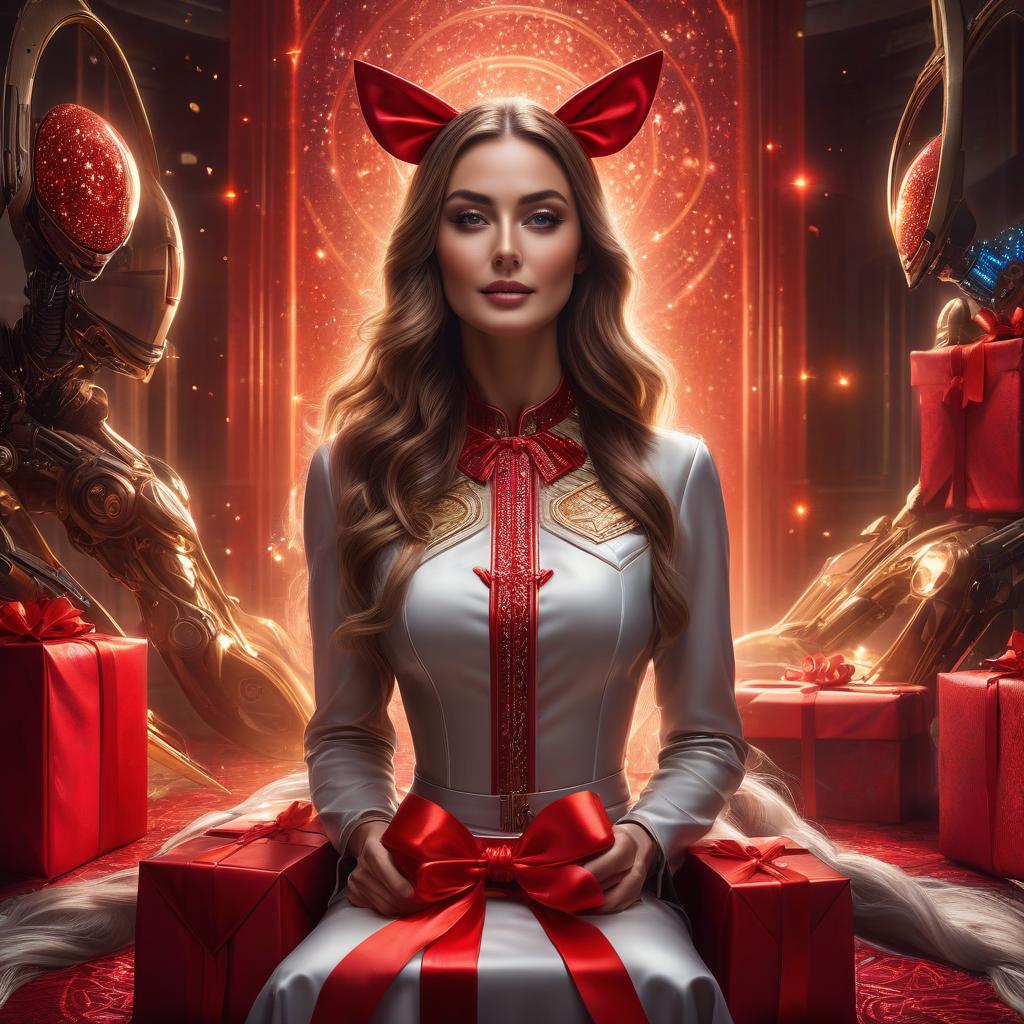  A young in youth (streetwear clothes: 1.3) with (unmanaged hair: 1.3), unwraps a beautifully wrapped gift with (red bow: 1.4), she sits on a chair (background with patterns as if left behind by extraterrestrial civilizations of aliens: 1.4), from the gift, as if from a box, the (light shoots upward with sparkles, illuminating the ’s face with a modest smile: 1.4) , a twinkle in her eyes with anticipation, Remndt lighting, 8k, ART, gloomy epic composition, fantasy art, digital painting is combined with a painting made with oil paints, very bright colors, every small detail is drawn in detail hyperrealistic, full body, detailed clothing, highly detailed, cinematic lighting, stunningly beautiful, intricate, sharp focus, f/1. 8, 85mm, (centered image composition), (professionally color graded), ((bright soft diffused light)), volumetric fog, trending on instagram, trending on tumblr, HDR 4K, 8K