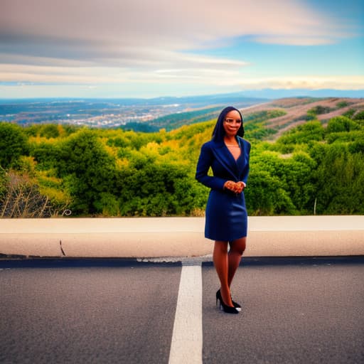 wa-vy style African American woman posing standing looking at the camera from the front with long brown hair wearing a blue miniskirt with black heels hyperrealistic, full body, detailed clothing, highly detailed, cinematic lighting, stunningly beautiful, intricate, sharp focus, f/1. 8, 85mm, (centered image composition), (professionally color graded), ((bright soft diffused light)), volumetric fog, trending on instagram, trending on tumblr, HDR 4K, 8K