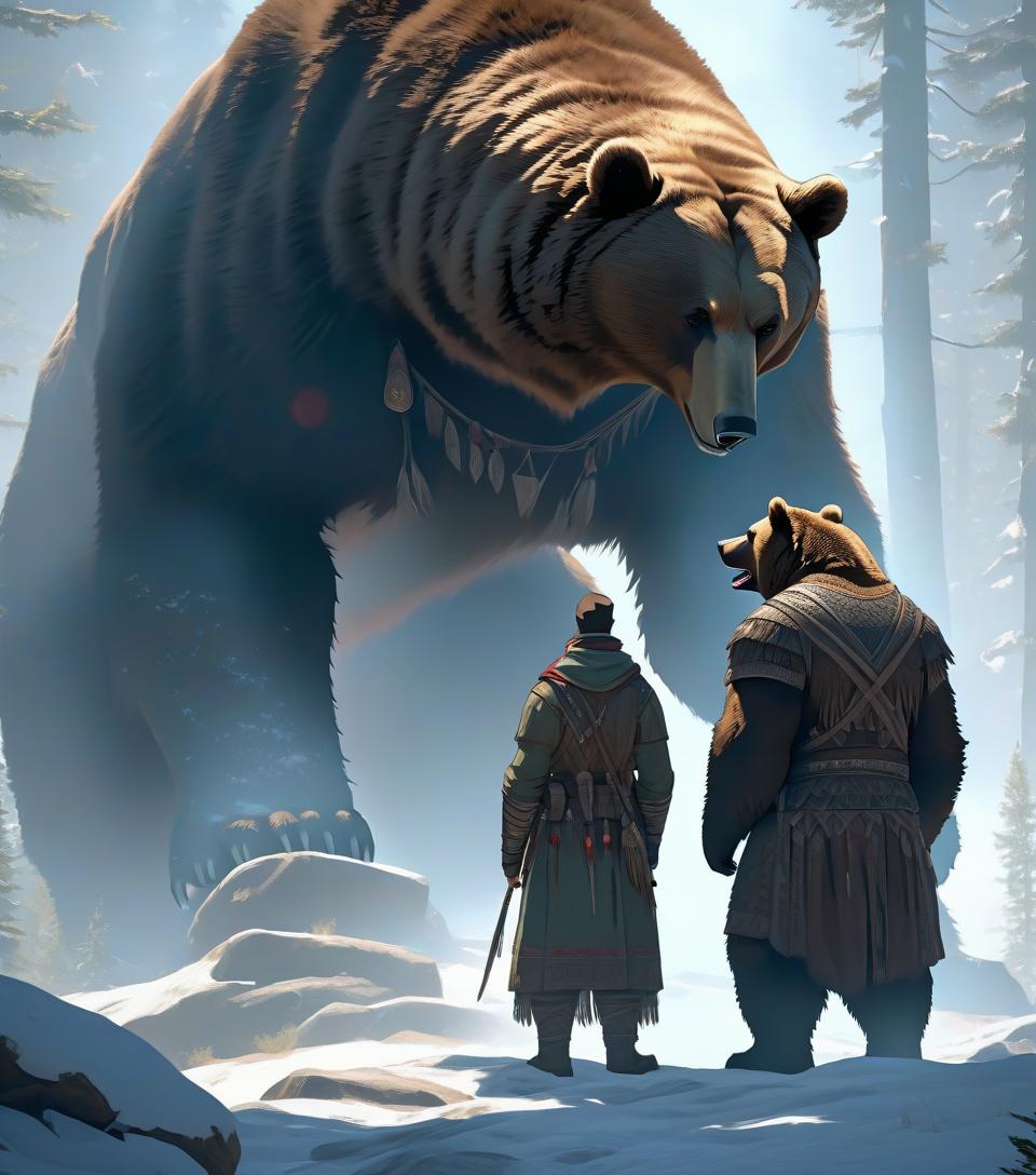  On the image, there's one man and one bear. They are the same height. The bear and the young man are standing on their feet, looking at each other in the face. The bear is standing on the left. The man has Slavic features and is dressed in clothing of northern people. The man is standing on the right and looking at the bear. [English] hyperrealistic, full body, detailed clothing, highly detailed, cinematic lighting, stunningly beautiful, intricate, sharp focus, f/1. 8, 85mm, (centered image composition), (professionally color graded), ((bright soft diffused light)), volumetric fog, trending on instagram, trending on tumblr, HDR 4K, 8K