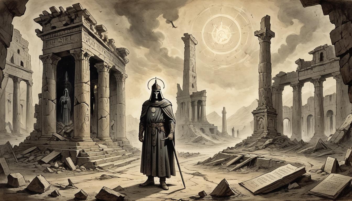  on parchment, surrealism+++, A powerful figure standing tall amidst ruins, eyes glowing with a formidable light, paths devastated around them, symbols of ancient power etched into the ground, fallen figures in the background, dominance, retribution, supremacy.(mysterious, provocative, symbolic,muted color)+++