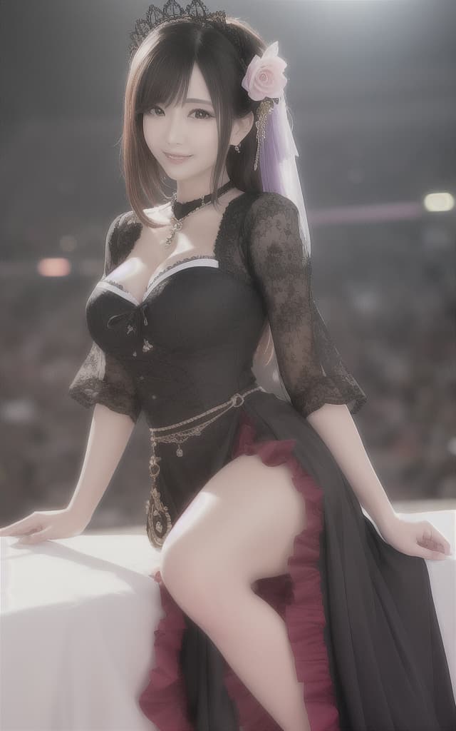  (RAW Capture: 1.2), 32K Picture Quality, Masterpiece, Raw Image, Dramatic Lighting, Concert Venue, Gothic Lolita Fashion, (Photorealistic: 1.4), (Masterpiece: 1.3), (Best Picture Quality: 1.4), Beautiful and lovely Japanese Woman, ((( Full smile))) hyperrealistic, full body, detailed clothing, highly detailed, cinematic lighting, stunningly beautiful, intricate, sharp focus, f/1. 8, 85mm, (centered image composition), (professionally color graded), ((bright soft diffused light)), volumetric fog, trending on instagram, trending on tumblr, HDR 4K, 8K