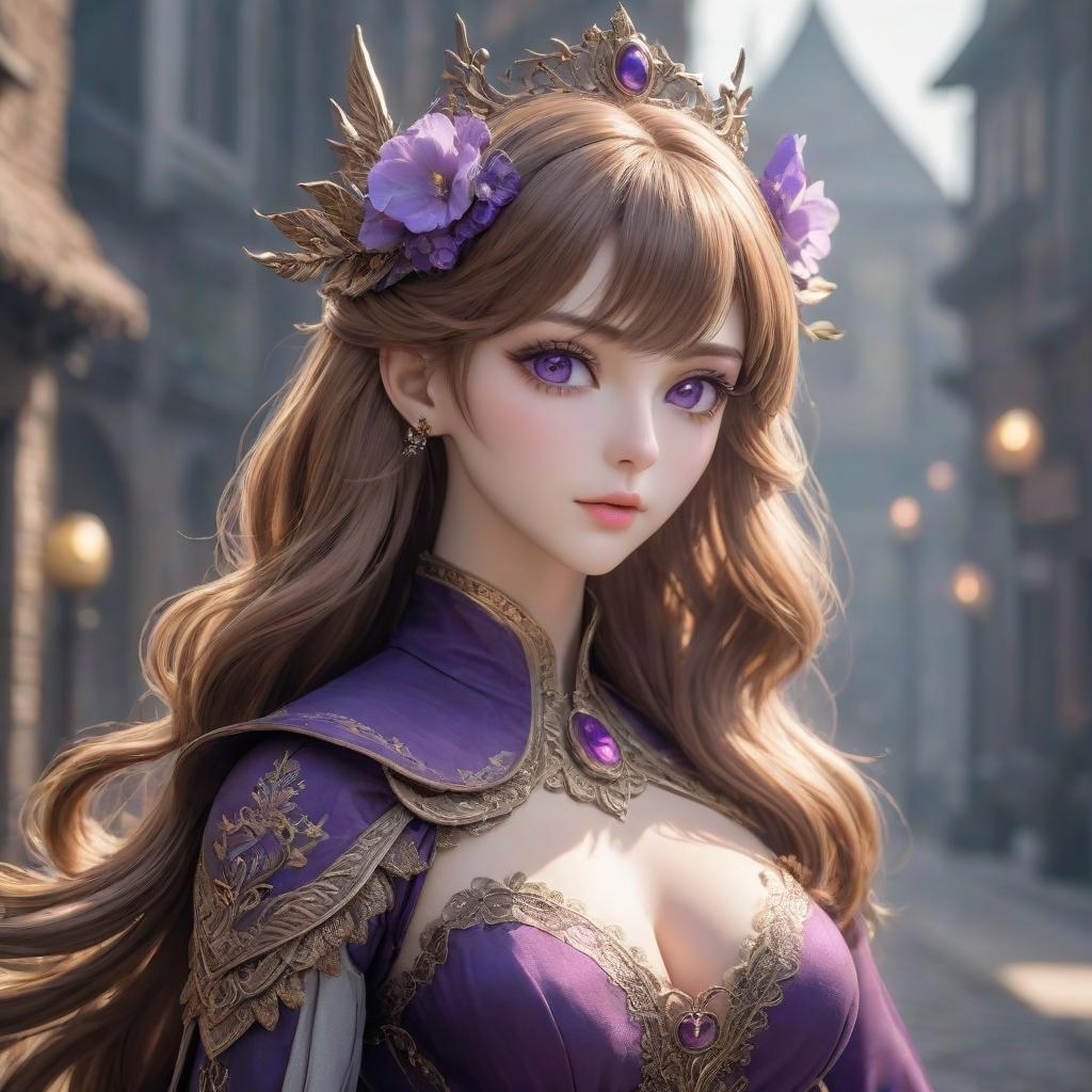  The goddess of beauty and femininity. Light brown hair, slender body, purple eyes hyperrealistic, full body, detailed clothing, highly detailed, cinematic lighting, stunningly beautiful, intricate, sharp focus, f/1. 8, 85mm, (centered image composition), (professionally color graded), ((bright soft diffused light)), volumetric fog, trending on instagram, trending on tumblr, HDR 4K, 8K