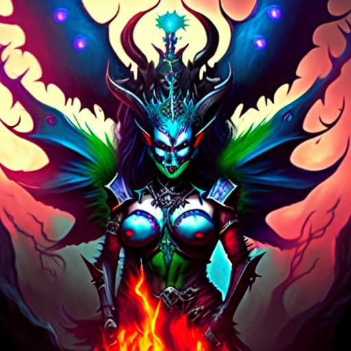  Green and blue demon queen with red eyes, horns and fairy wings in flames