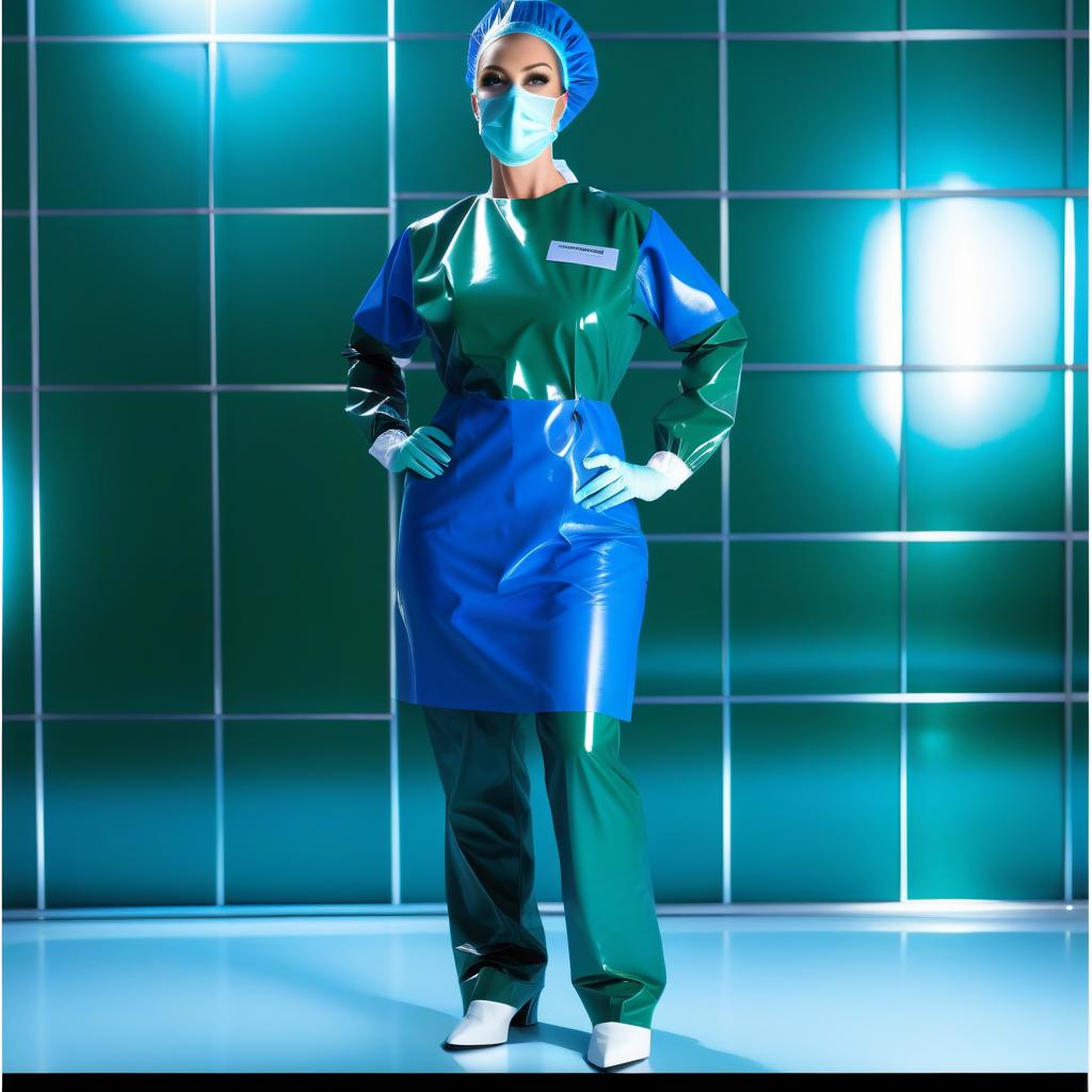  "(hyper detail), (lone female surgeon standing) in (glossy latex: 1.2) (dark green: 1.1) and (dark blue: 1.2), (full length), (view front), (full face), • Detailed description: (colors and details of the surgical suit are only available in a two tone version: • glossy latex • dark green and dark blue, • no other colors). •Surgical Gown: {The surgical gown is worn from front to back, secured at the back of the neck and waist with ribbons and ties along the entire length of the surgical gown} Designer surgical gown, knee length, elastic waistband, made of (two color glossy latex) dark green and dark blue 1.3), (divided into two equal parts at the waist). (the upper part of the surgical gown: 1.3), (covers including shoulders, upper  hyperrealistic, full body, detailed clothing, highly detailed, cinematic lighting, stunningly beautiful, intricate, sharp focus, f/1. 8, 85mm, (centered image composition), (professionally color graded), ((bright soft diffused light)), volumetric fog, trending on instagram, trending on tumblr, HDR 4K, 8K