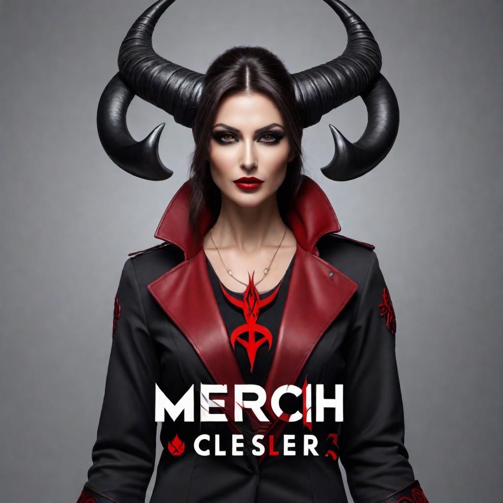  Design a logo for a company named 'Merch Clerk S Corporation' with a demonic theme that is attractive to sellers and consumers. The logo should incorporate dark colors (black, red, dark gray), and elements such as horns, flames, or sinister eyes to convey a demonic feel. Include the company name 'Merch Clerk S Corporation' and the slogan 'Master Your Merch' within the design, ensuring it remains visually appealing and professional. hyperrealistic, full body, detailed clothing, highly detailed, cinematic lighting, stunningly beautiful, intricate, sharp focus, f/1. 8, 85mm, (centered image composition), (professionally color graded), ((bright soft diffused light)), volumetric fog, trending on instagram, trending on tumblr, HDR 4K, 8K