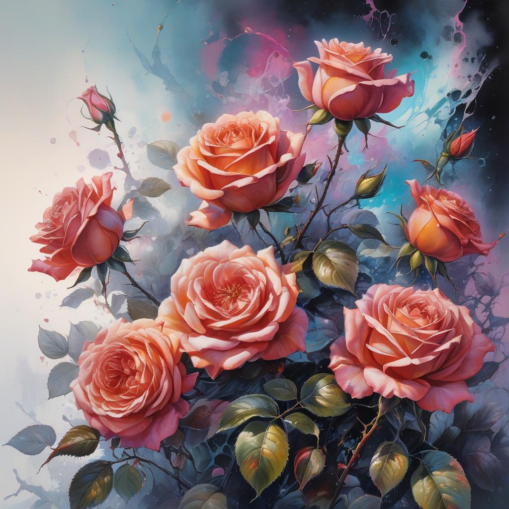  Vintage roses Ultra detailed airbrush painting, white+ background, warm colors, blooming watercolor technique, dreamlike, particles, color splashes, elements, by Alberto Seveso, Karol Bak, Peter Saville, Ian Davenport, Felipe Pantone, Emmanuelle Moureaux, beautiful, masterpiece, intricately detailed, highly detailed background, epic fantasy composition, award winning illustration, Watercolor, trending on artstation, sharp focus, studio photo, intricate details, highly detailed, by greg rutkowski, neon ambiance, abstract black oil, gear mecha, detailed acrylic, grunge, intricate complexity, rendered in unreal engine, photorealistic hyperrealistic, full body, detailed clothing, highly detailed, cinematic lighting, stunningly beautiful, intricate, sharp focus, f/1. 8, 85mm, (centered image composition), (professionally color graded), ((bright soft diffused light)), volumetric fog, trending on instagram, trending on tumblr, HDR 4K, 8K