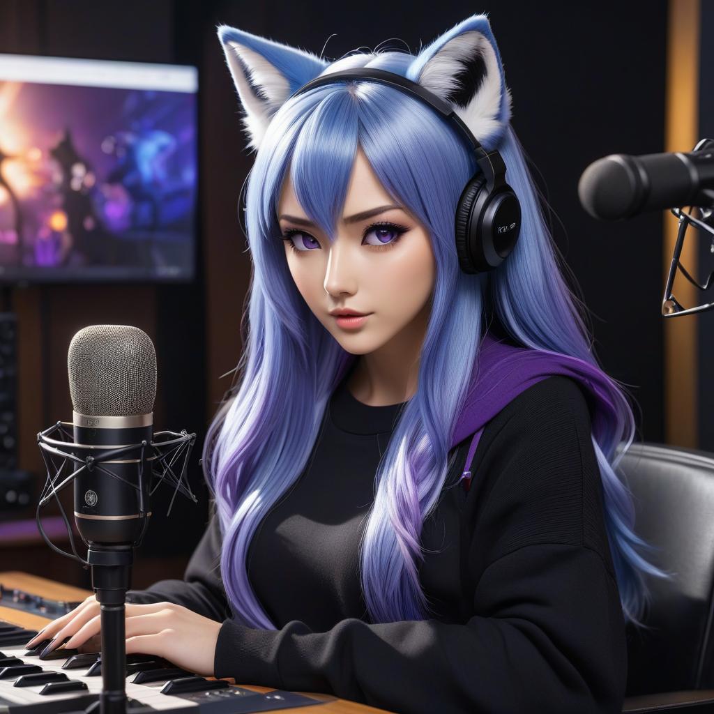  anime artwork A girl with long blue hair, cat ears, purple eyes, wearing a black sweater with a fox motif sits in front of a microphone with a fox. Recording studio. . anime style, key visual, vibrant, studio anime, highly detailed hyperrealistic, full body, detailed clothing, highly detailed, cinematic lighting, stunningly beautiful, intricate, sharp focus, f/1. 8, 85mm, (centered image composition), (professionally color graded), ((bright soft diffused light)), volumetric fog, trending on instagram, trending on tumblr, HDR 4K, 8K