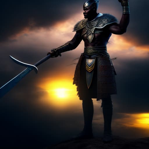  African warrior with long in a battle with sword in dust on sunset hyperrealistic, full body, detailed clothing, highly detailed, cinematic lighting, stunningly beautiful, intricate, sharp focus, f/1. 8, 85mm, (centered image composition), (professionally color graded), ((bright soft diffused light)), volumetric fog, trending on instagram, trending on tumblr, HDR 4K, 8K