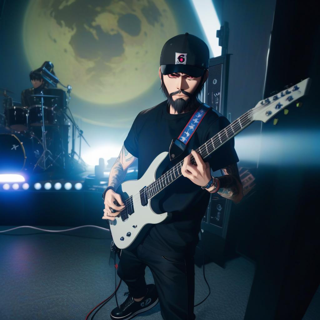  anime artwork Character, front, side views, full length with legs and all parts, concept art, a man with a beard playing a guitar, schecter km 6 guitar, head with hat, black sneakers on feet, tesseract, clayton crain, holding electric guitar, tattoed left hand, scenic full shot, a picture, by Kamisaka Sekka, pixiv contest winner, shin hanga, gorillaz album cover, detail shot, magazine scan, urusei yatsura, 2d, anime, extremely hyper detailed clothing, modest clothes, (extremely hyper detailed face), (masterpiece:1.4), (perfect eyes:1.1), (deep eyes), 32K HD, rough, intense look . anime style, key visual, vibrant, studio anime, highly detailed hyperrealistic, full body, detailed clothing, highly detailed, cinematic lighting, stunningly beautiful, intricate, sharp focus, f/1. 8, 85mm, (centered image composition), (professionally color graded), ((bright soft diffused light)), volumetric fog, trending on instagram, trending on tumblr, HDR 4K, 8K