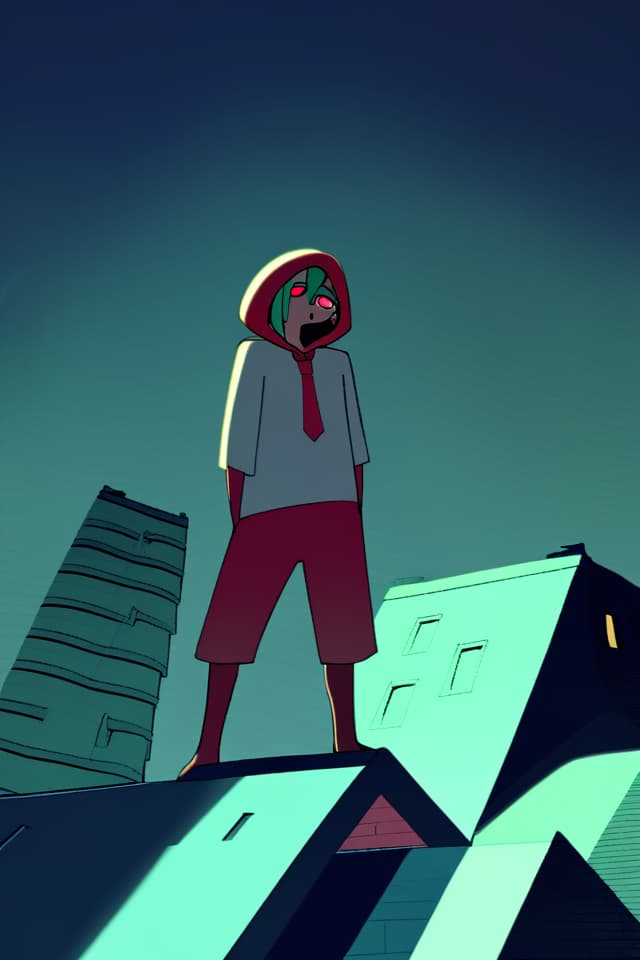  Green hair long, boy, white Y shirt, red tie, standing on the roof of a building, covered with hood, in the odd eye, the left eye is light blue, the night in the night