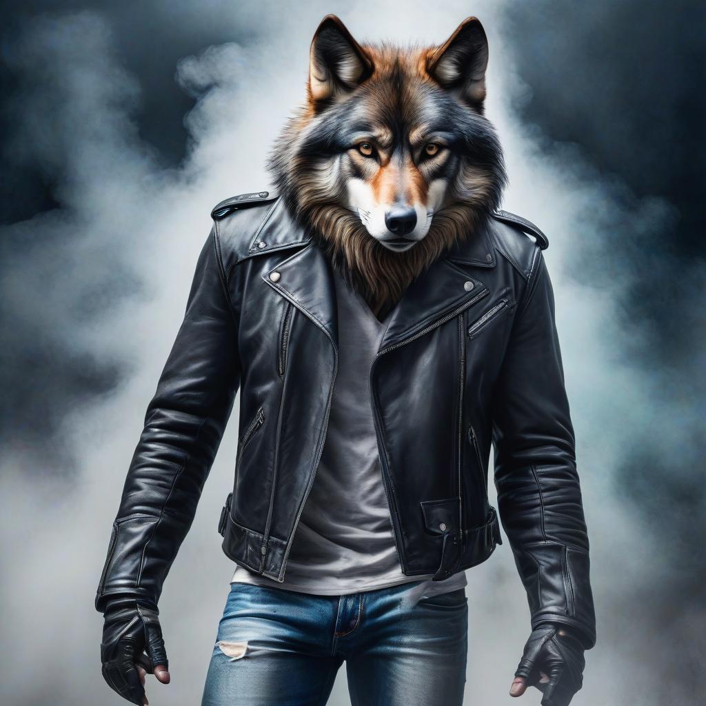  metamorphosis of a man into a wolf, in a leather jacket, jeans, biker, standing with crossed arms; fantasy, surrealism, ultra realistic, beautiful, colorful, photo realistic, high detail, rim light, watercolor. hyperrealistic, full body, detailed clothing, highly detailed, cinematic lighting, stunningly beautiful, intricate, sharp focus, f/1. 8, 85mm, (centered image composition), (professionally color graded), ((bright soft diffused light)), volumetric fog, trending on instagram, trending on tumblr, HDR 4K, 8K