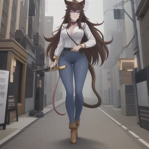  Cat girl, purple eyes, brown hair, fluffy tail, in a jean outfit, narcotics, with weapons hyperrealistic, full body, detailed clothing, highly detailed, cinematic lighting, stunningly beautiful, intricate, sharp focus, f/1. 8, 85mm, (centered image composition), (professionally color graded), ((bright soft diffused light)), volumetric fog, trending on instagram, trending on tumblr, HDR 4K, 8K