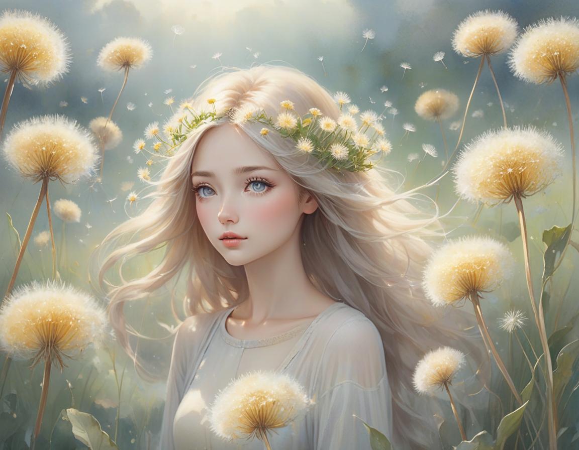  A tranquil image of a young with dandelions in her hair, surrounded by a soft, dreamy landscape. Delicate watercolor painting, ethereal atmosphere, whimsical dandelion hair, floating wishes, eyes reflecting the sky, innocence and wonder, soft pastel colors, gentle strokes, dreamy and airy feel, light and shadow play, intricate details, fine art quality, by Emily Winfield Martin, Etsy, 3000x4000 resolution. hyperrealistic, full body, detailed clothing, highly detailed, cinematic lighting, stunningly beautiful, intricate, sharp focus, f/1. 8, 85mm, (centered image composition), (professionally color graded), ((bright soft diffused light)), volumetric fog, trending on instagram, trending on tumblr, HDR 4K, 8K