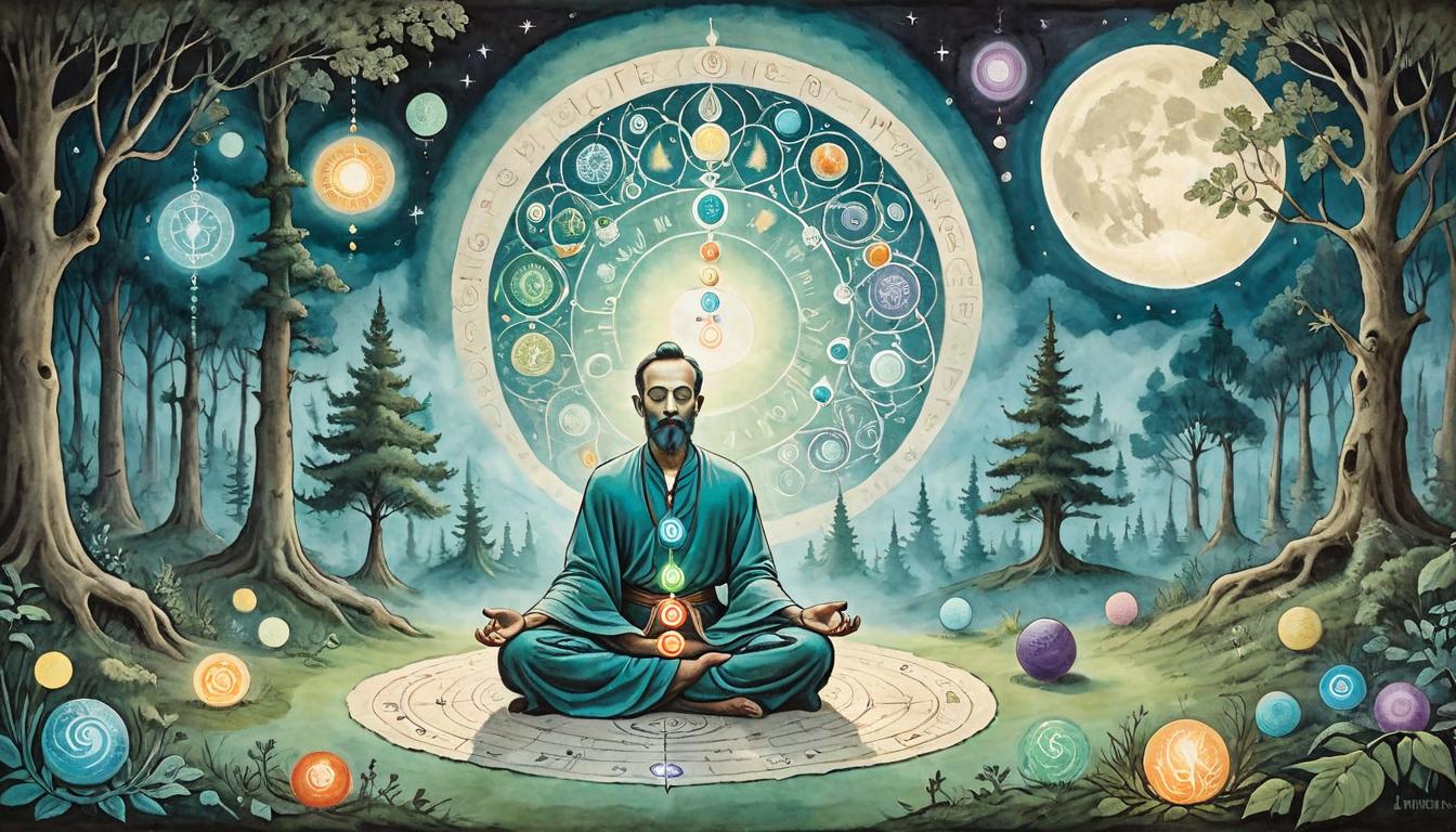  on parchment, surrealism+++, Meditative figure seated on a mat, surrounded by glowing orbs representing different chakras, figure wears loose, flowing garments, backdrop of a tranquil forest clearing under a full moon, sensation of peace, spiritual growth(mysterious, provocative, symbolic,muted color)+++