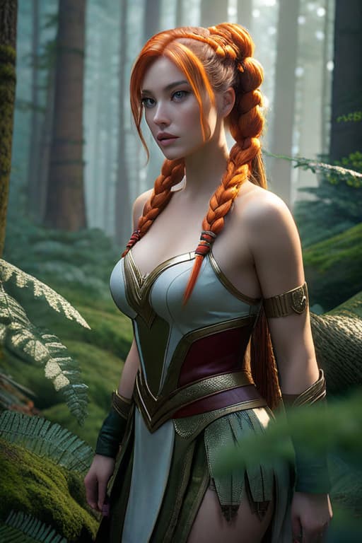  best quality, masterpiece, highres, photorealistic, high quality, volumetric lighting, candid, Photograph, high resolution, nightime, a young white girl with skin details, fiery braids hair, light Aureolin eyes, whymsical, fantasy, harmonious, determined, foggy old forest, dress like a super heros, beautiful with eyes liner realistic hyperrealistic, full body, detailed clothing, highly detailed, cinematic lighting, stunningly beautiful, intricate, sharp focus, f/1. 8, 85mm, (centered image composition), (professionally color graded), ((bright soft diffused light)), volumetric fog, trending on instagram, trending on tumblr, HDR 4K, 8K