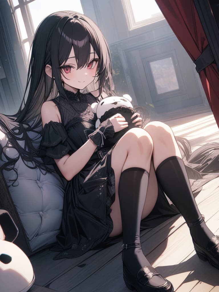  Long dumpling hair, black hair, gothic clothes, black rabbit stuffed toy, black long socks, smiles, jit eyes, masterpiece, best quality,8k,ultra detailed,high resolution,an extremely delicate and beautiful,hyper detail