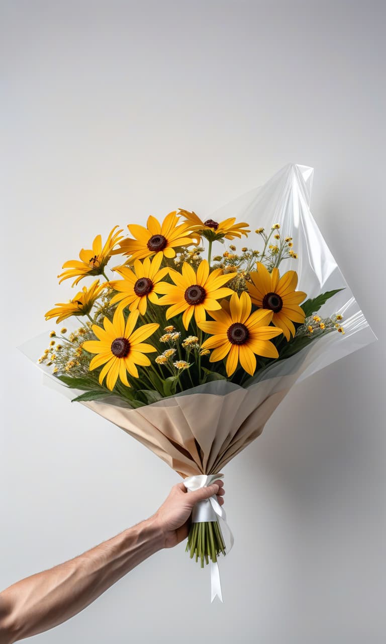  A bunch of stretched out yellow Rudbeckia hirta in packaging, holding the bunch with one hand, white background, white and transparent packaging, a thin white ribbon ties the packaging. hyperrealistic, full body, detailed clothing, highly detailed, cinematic lighting, stunningly beautiful, intricate, sharp focus, f/1. 8, 85mm, (centered image composition), (professionally color graded), ((bright soft diffused light)), volumetric fog, trending on instagram, trending on tumblr, HDR 4K, 8K