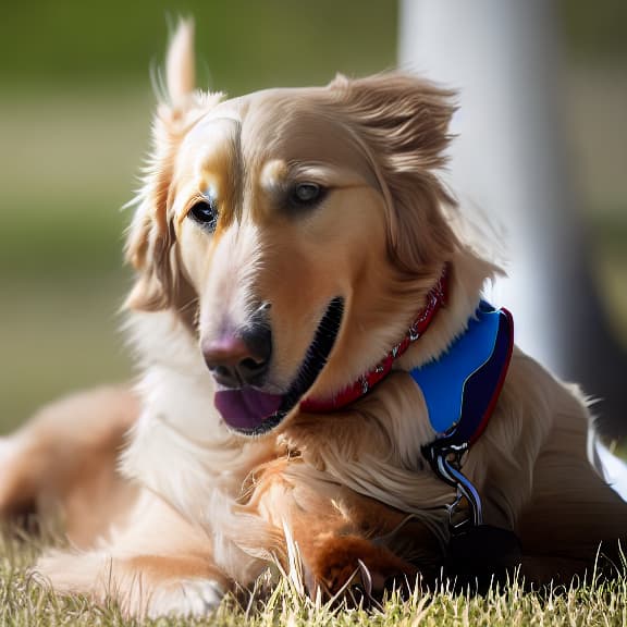 masterpiece, high quality, 4K, HDR BREAK A golden retriever dog BREAK Wearing a red collar, standing on a grassy field BREAK Full body shot, facing the camera BREAK Outdoor, sunny day with blue sky hyperrealistic, full body, detailed clothing, highly detailed, cinematic lighting, stunningly beautiful, intricate, sharp focus, f/1. 8, 85mm, (centered image composition), (professionally color graded), ((bright soft diffused light)), volumetric fog, trending on instagram, trending on tumblr, HDR 4K, 8K