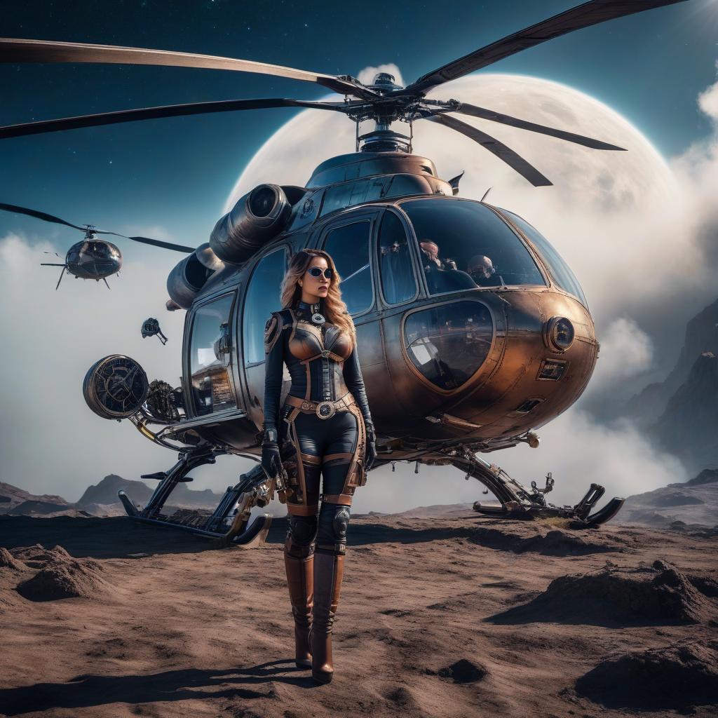  space themed steampunk, helicopter and sky . cosmic, celestial, stars, galaxies, nebulas, planets, science fiction, highly detailed hyperrealistic, full body, detailed clothing, highly detailed, cinematic lighting, stunningly beautiful, intricate, sharp focus, f/1. 8, 85mm, (centered image composition), (professionally color graded), ((bright soft diffused light)), volumetric fog, trending on instagram, trending on tumblr, HDR 4K, 8K