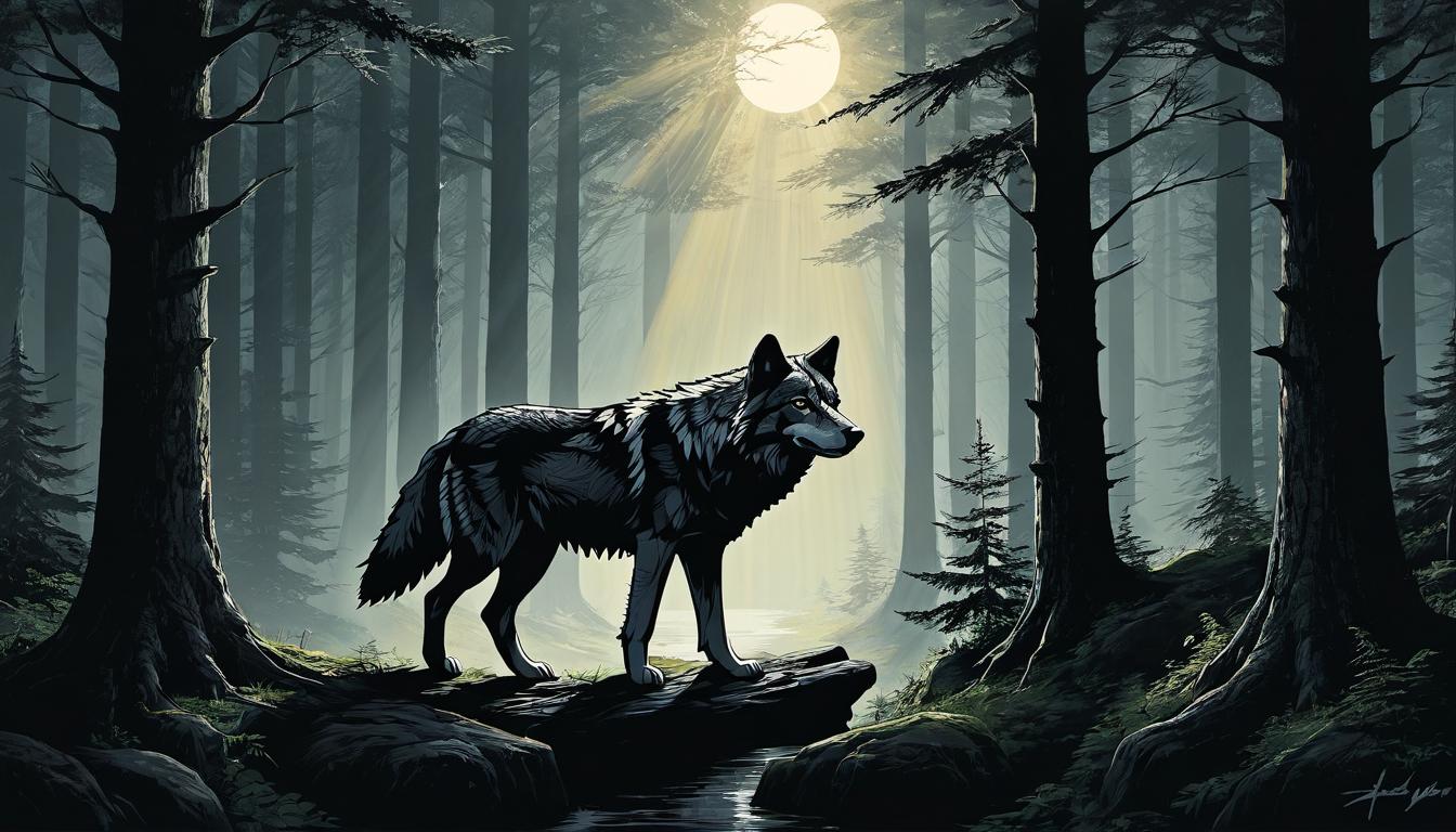  （surrealism)A determined wolf stepping out from the shadows of a dense forest, posture indicating readiness, sunlight breaking through the trees, independence, resolve mystic, intricate details, best quality)