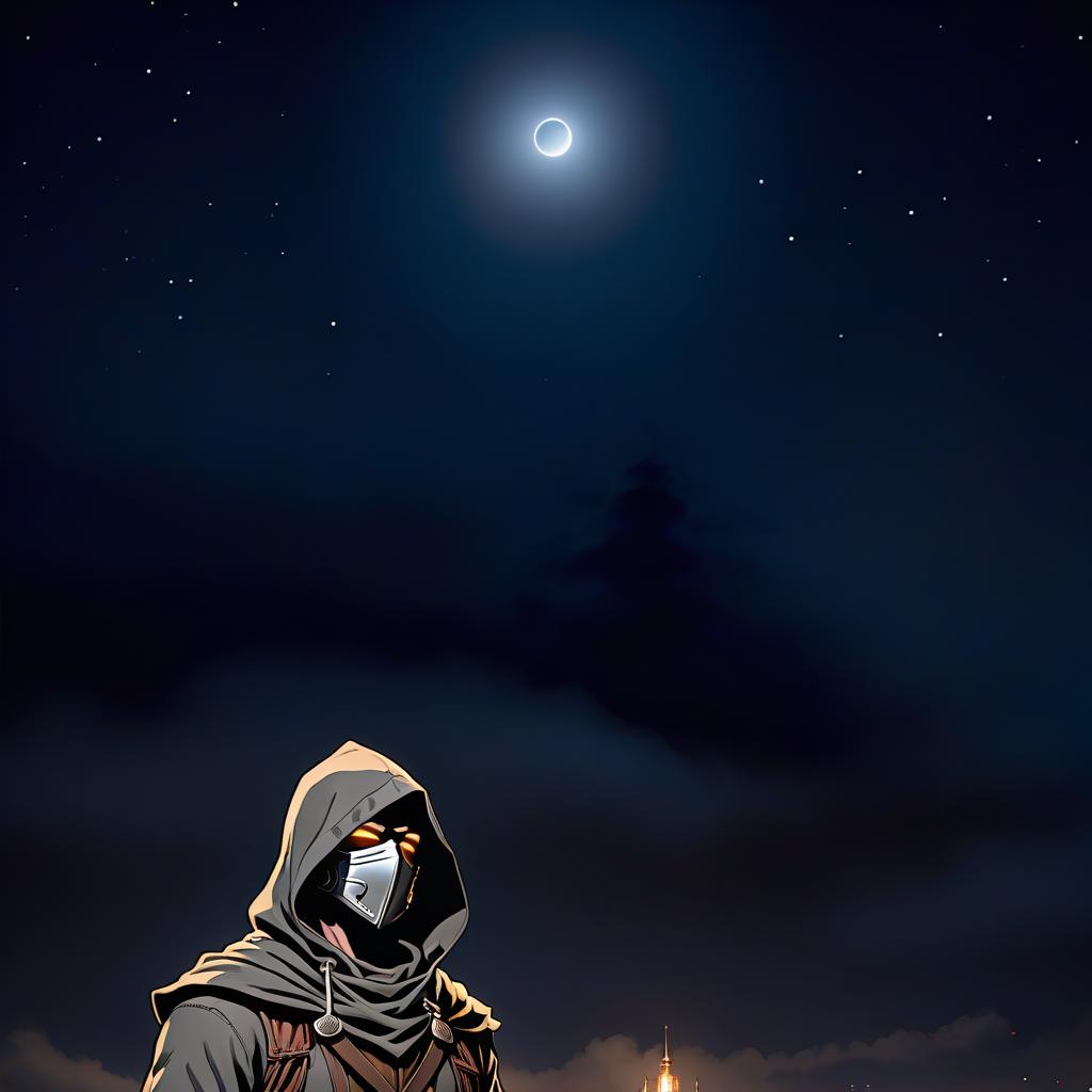  manga style A man in a hood with a mask covering half his face, dark silver clothing with dark brown fabric patches in the middle, and a dark night sky in the background, reminiscent of the Dark Souls game. . vibrant, high energy, detailed, iconic, Japanese comic style, hkmagic hyperrealistic, full body, detailed clothing, highly detailed, cinematic lighting, stunningly beautiful, intricate, sharp focus, f/1. 8, 85mm, (centered image composition), (professionally color graded), ((bright soft diffused light)), volumetric fog, trending on instagram, trending on tumblr, HDR 4K, 8K