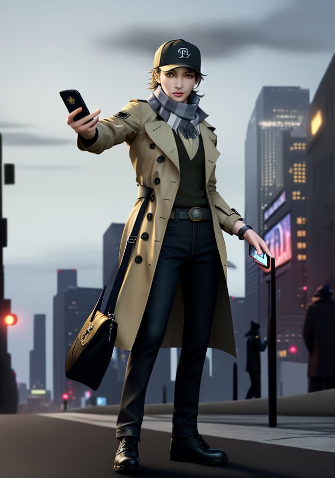  masterpiece, best quality, Best quality, female, genderswap, trench coat, scarf, baseball cap, night, city, chasing somebody, Adrien Pearce, Watch Dogs, holding smartphone, dynamic pose.