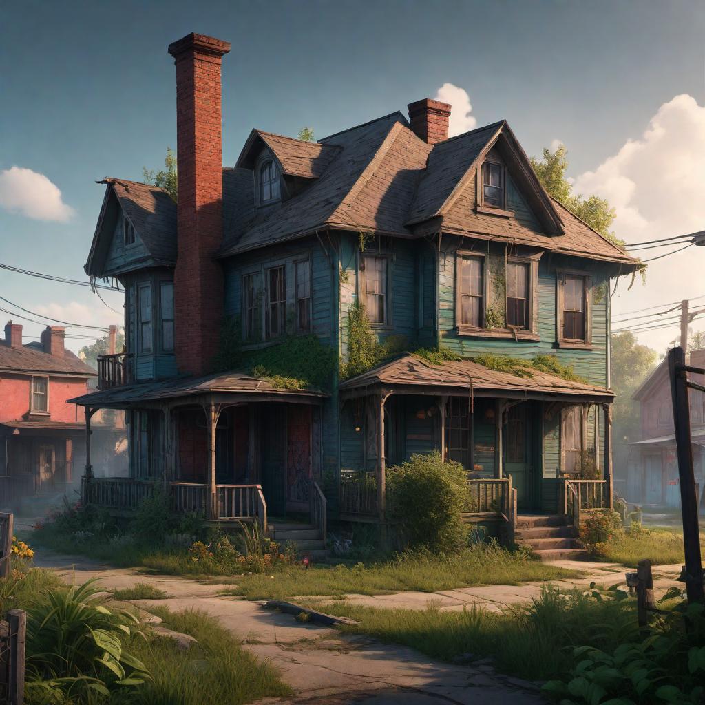  A detailed image of a cartoon trap house. The house should look run-down and sketchy, with boarded-up windows, graffiti on the walls, and a broken fence outside. The style should be colorful and exaggerated, with smoky surroundings and a gritty urban environment. Include some whimsical elements like a crooked chimney, patches of overgrown grass, and a hidden alley beside the house. The overall vibe should be chaotic yet intriguing, capturing the essence of a trap house in a fun and cartoonish manner. hyperrealistic, full body, detailed clothing, highly detailed, cinematic lighting, stunningly beautiful, intricate, sharp focus, f/1. 8, 85mm, (centered image composition), (professionally color graded), ((bright soft diffused light)), volumetric fog, trending on instagram, trending on tumblr, HDR 4K, 8K