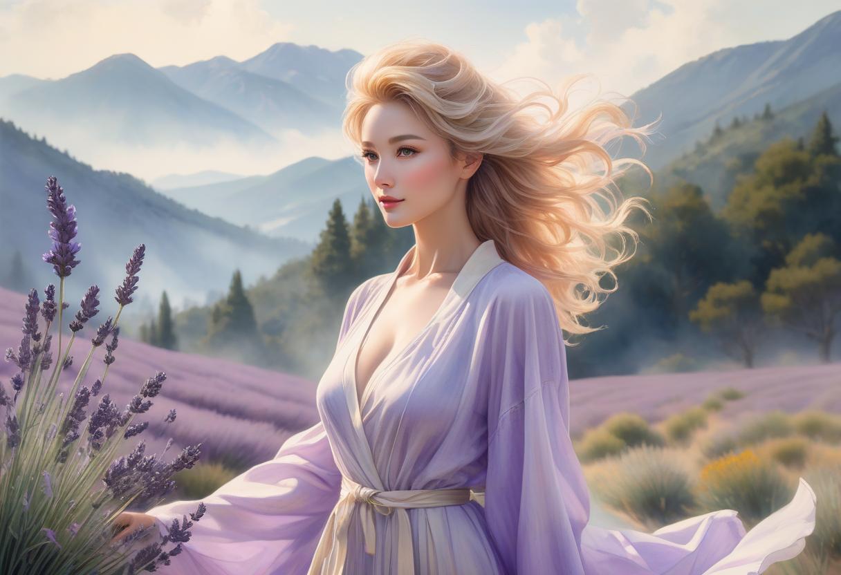  concept art Watercolor masterpiece painting with lavender flowers in a mixed style by Abe Toshiyuki, Steve Hanks and Luis Roof a delightfully beautiful with luxurious golden hair, charming face, friendly gaze, slightly smiling, dressed in a translucent robe. The wind ly ruffles her hair and tries to open her robe. Mischievous curved pose, cheerful mood. In the background, a lavender field, a seashore and mountains in the distance are blurred. View from the bottom point. Intricate, elegant drawing with thin lines in colored ink and beige, pink, blue green and lavender watercolor, on , textured paper, super realism, ultra detail, modern fine art, 8K. . digital artwork, ilrative, painterly, matte painting, high hyperrealistic, full body, detailed clothing, highly detailed, cinematic lighting, stunningly beautiful, intricate, sharp focus, f/1. 8, 85mm, (centered image composition), (professionally color graded), ((bright soft diffused light)), volumetric fog, trending on instagram, trending on tumblr, HDR 4K, 8K