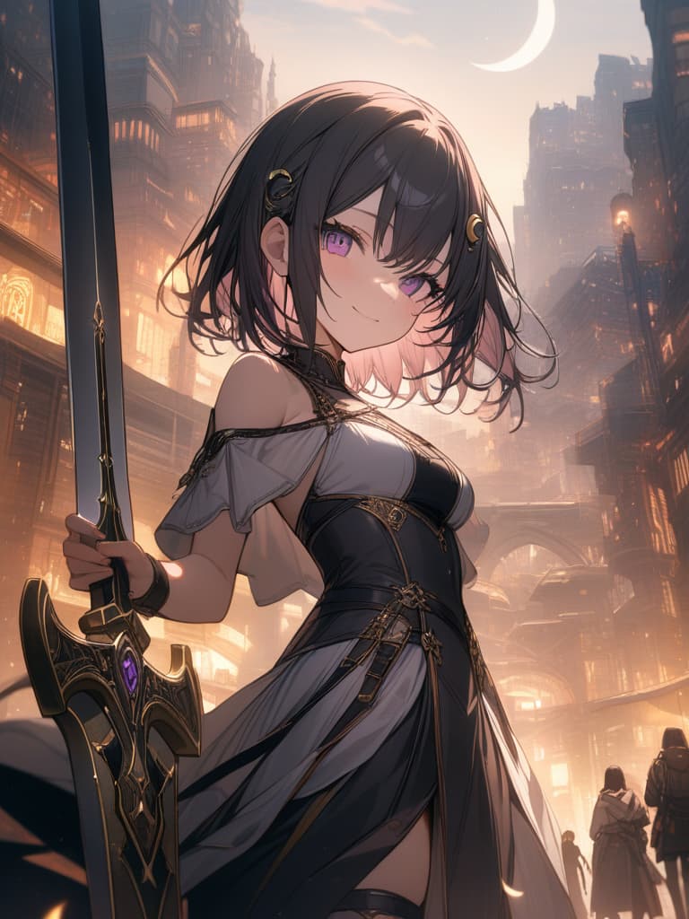  Holy sword,golden sword,burning city,smile,sword raised,golden light,Excalibur,cool girl,Black hair,(purple eyes),short,cropped hair,crescent moon hair ornament, masterpiece, best quality,8k,ultra detailed,high resolution,an extremely delicate and beautiful,hyper detail