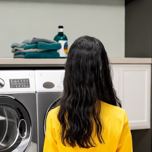  An intelligent girl with long black hair down to her waist, yellow eyes, wearing old green prehistoric attire, stands next to a emitting steam, with a laundry sink nearby, holding clothes in her hand as well.