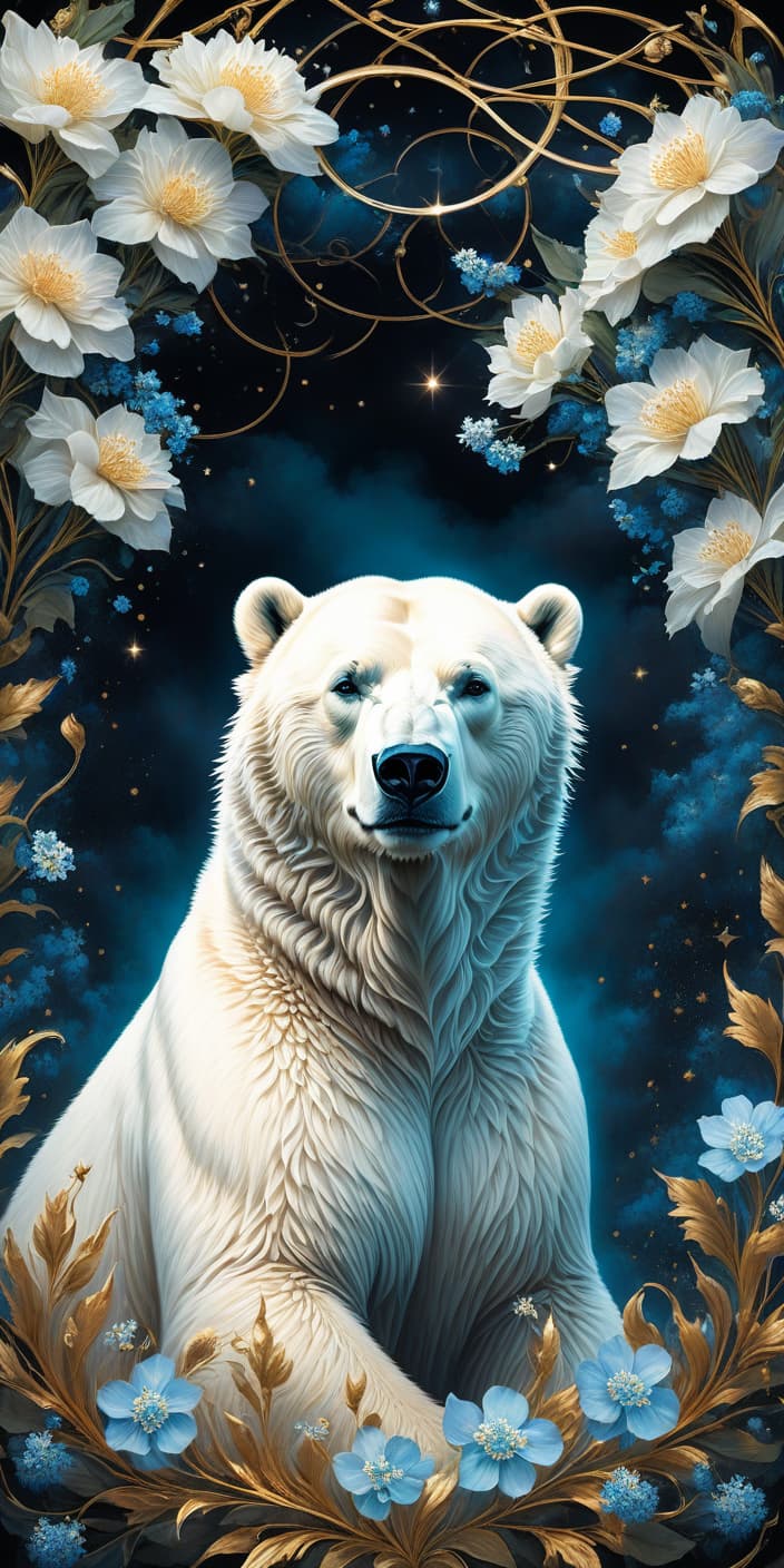  concept art Digital illustration in ink and watercolor on vellum. Gorgeous correct, realistic polar bear. Beautiful, majestic, mystical, epic appearance:: detailed white fur. Background:: surreal abstract with runic circle, thin vines, forget me not flowers, fantastic golden blossoms. Glowing signs and sparkling particles. Detailed detailing. Stylistics: fairy tale, dream, fantasy, modern. In the manner of Peter Papikhin, Fragonard and Van Gogh. High quality, HDR. . digital artwork, illustrative, painterly, matte painting, highly detailed hyperrealistic, full body, detailed clothing, highly detailed, cinematic lighting, stunningly beautiful, intricate, sharp focus, f/1. 8, 85mm, (centered image composition), (professionally color graded), ((bright soft diffused light)), volumetric fog, trending on instagram, trending on tumblr, HDR 4K, 8K