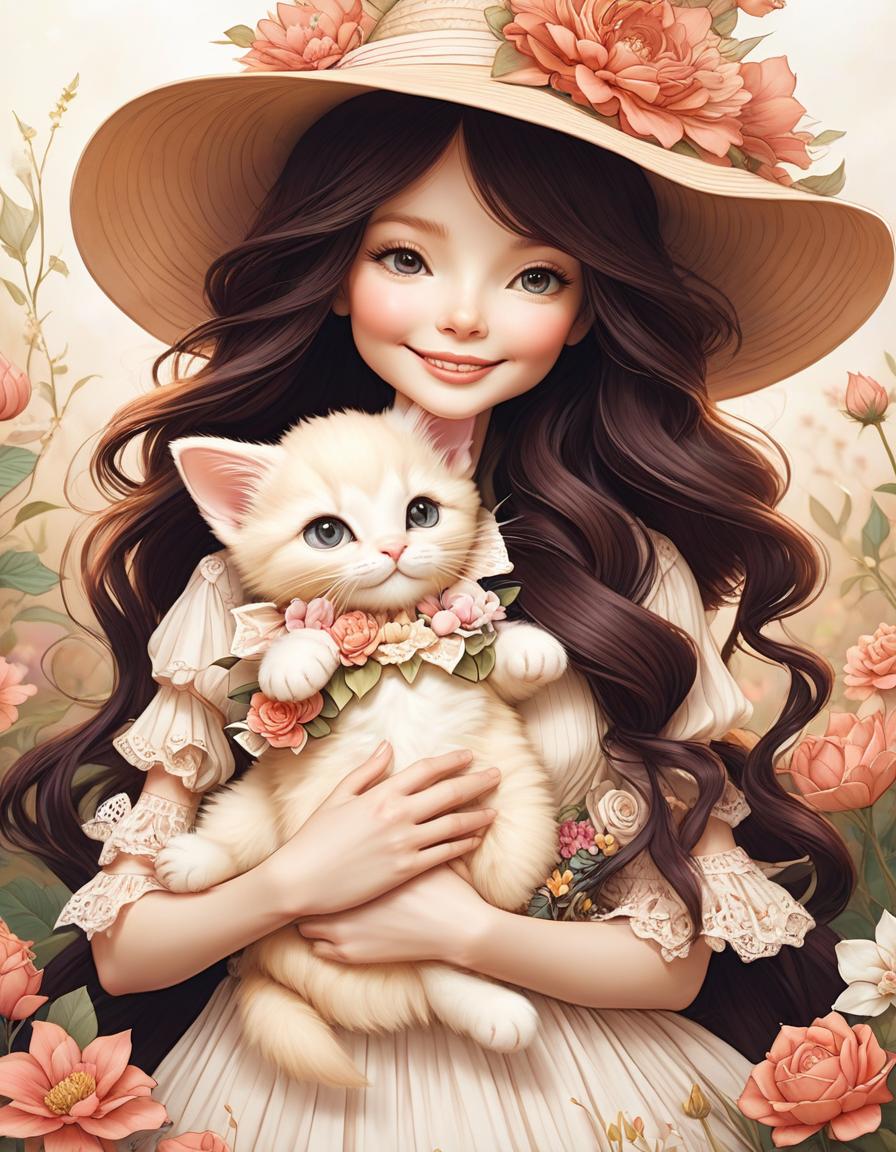  by (Wendy Froud). by Camille Rose Garcia, coloring style, black and white illustration, line art. {smiling TILDA style doll holding (((toy plush kitten))) in Teddy bear style. The hair is wavy, on the head is a straw hat decorated with large flowers and ribbons on which a small bird sits. Dressed in a light summer sundress with ruffles and lace, rose flowers in the background}, good detailing, central location, zentangle. well drawn details. beautiful flowers, hyperrealistic, full body, detailed clothing, highly detailed, cinematic lighting, stunningly beautiful, intricate, sharp focus, f/1. 8, 85mm, (centered image composition), (professionally color graded), ((bright soft diffused light)), volumetric fog, trending on instagram, trending on tumblr, HDR 4K, 8K