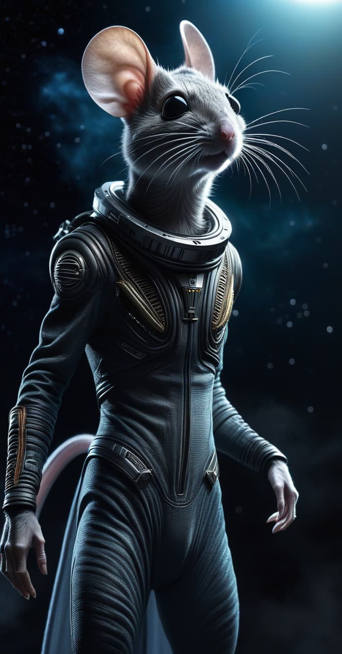  alien themed A skinny mouse in a costume in space . extraterrestrial, cosmic, otherworldly, mysterious, sci fi, highly detailed hyperrealistic, full body, detailed clothing, highly detailed, cinematic lighting, stunningly beautiful, intricate, sharp focus, f/1. 8, 85mm, (centered image composition), (professionally color graded), ((bright soft diffused light)), volumetric fog, trending on instagram, trending on tumblr, HDR 4K, 8K