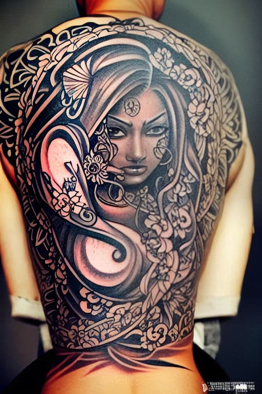  Take a look at this stunning tattoo sketch featuring a fierce brunette woman. Her Japanese, Puerto Rican, and Scandinavian roots are evident in the intricate artwork. Urban motifs such as roses, peonies, and chrysanthemums seamlessly blend with symbols of skulls, money, and coy fish, creating a unique fusion of cultures. This traditional pinup style design beautifully incorporates influences from Puerto Rican and Japanese street gang culture, resulting in a mesmerizing blend of cultural symbolism and artistic expression.