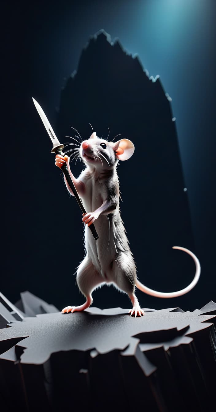  thick layered papercut art of A skinny rat with a short knife in space. . deep 3D, volumetric, dimensional, depth, thick paper, high stack, heavy texture, tangible layers, LOGO hyperrealistic, full body, detailed clothing, highly detailed, cinematic lighting, stunningly beautiful, intricate, sharp focus, f/1. 8, 85mm, (centered image composition), (professionally color graded), ((bright soft diffused light)), volumetric fog, trending on instagram, trending on tumblr, HDR 4K, 8K