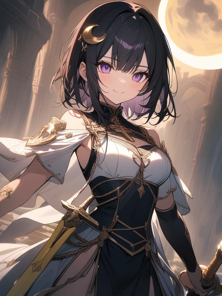  Holy Swordsman,Holy sword,golden sword,sacred place,glare,smile,sword raised,golden light,Excalibur,cool girl,Black hair,(purple eyes),short,cropped hair,crescent moon hair ornament, masterpiece, best quality,8k,ultra detailed,high resolution,an extremely delicate and beautiful,hyper detail