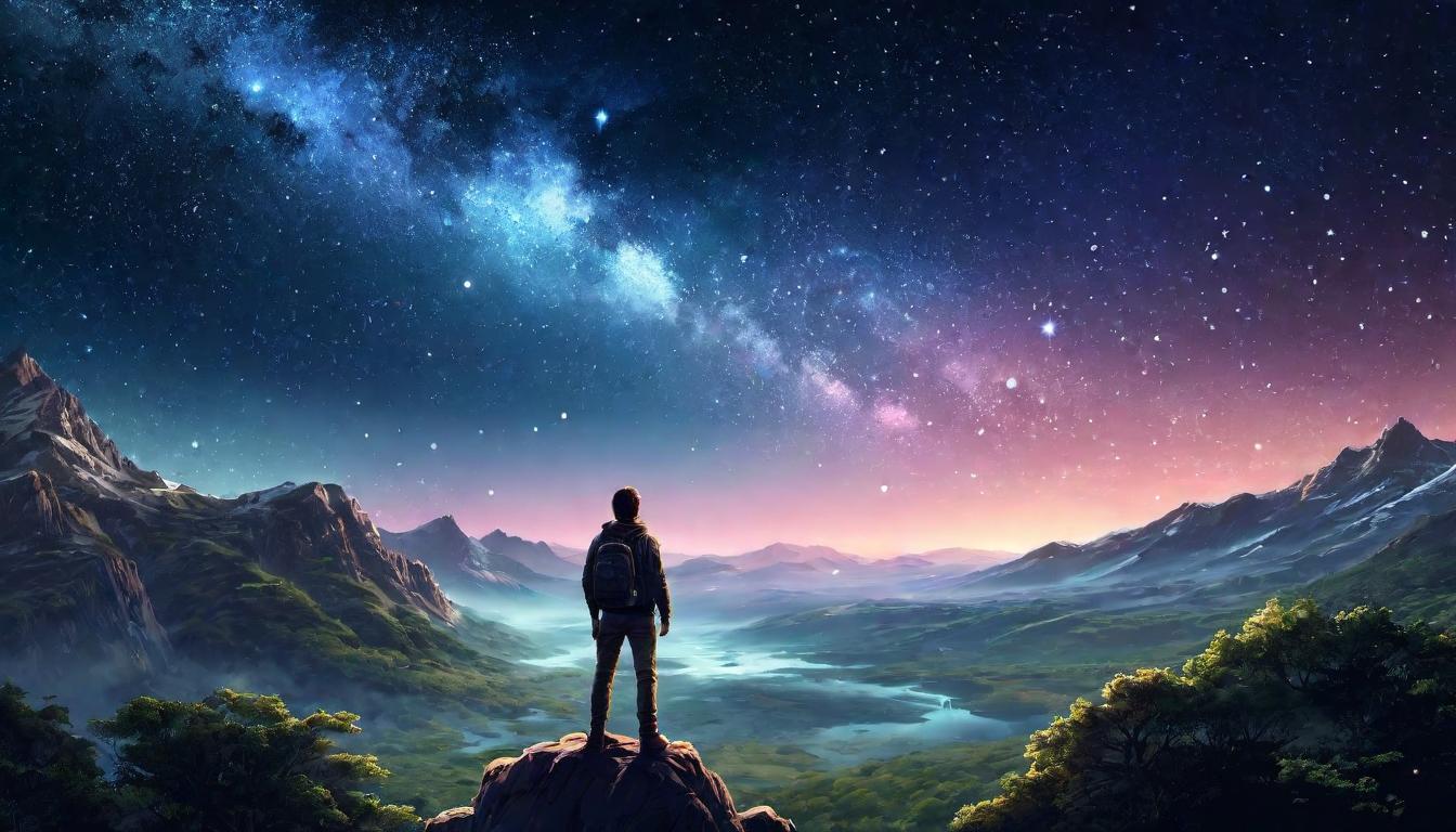  digital illustration, A person gazing at the stars, vast sky, infinite cosmos, sense of wonder, connection with the universe, looking at viewer, dynamic pose, (intricate details, masterpiece, best quality)