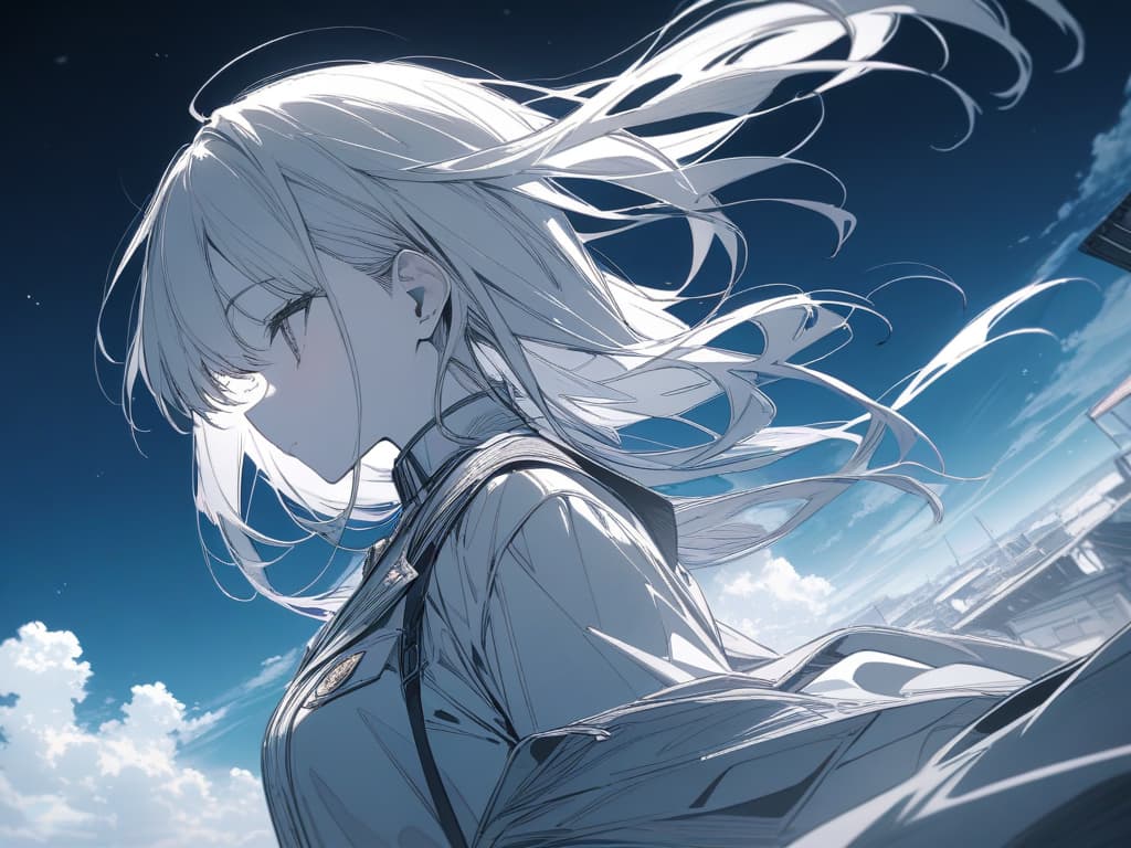  Monochrome, long hair, girl, cute, profile, wind, uniform, school rooftop, sky background, trumpet, masterpiece, best quality,8k,ultra detailed,high resolution,an extremely delicate and beautiful,hyper detail